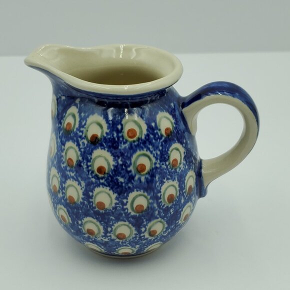 Polish Pottery Wiza Peacock Eyes Creamer Brown Eyed Peacock Small Pitcher - Picture 2 of 8